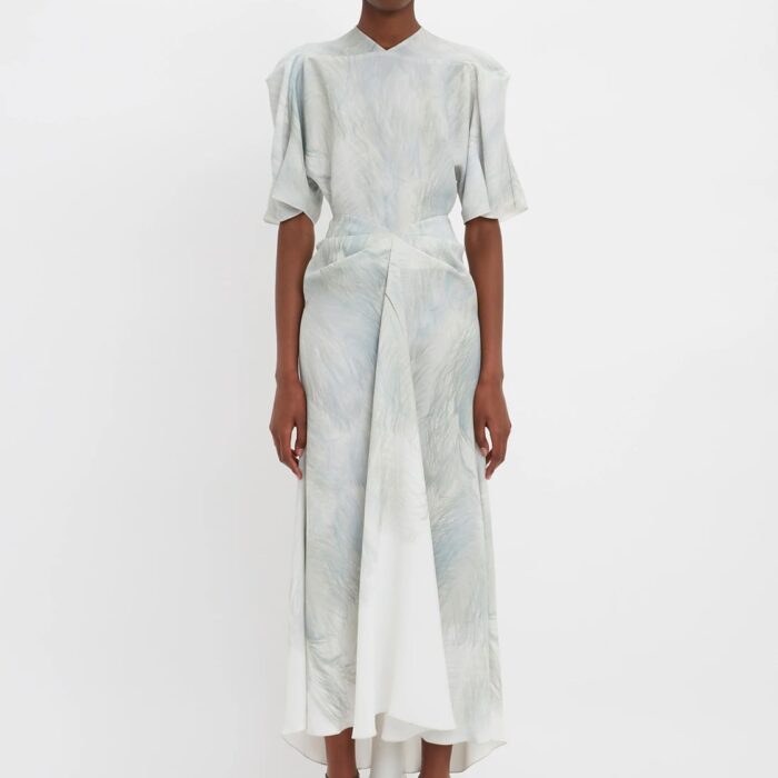 Drape Sleeve Midi Dress In White Digital Feather Print