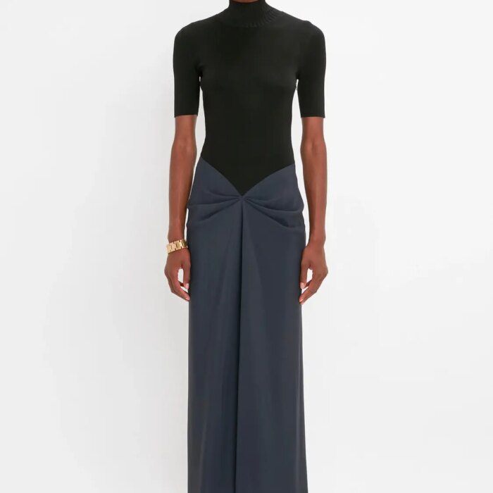 Polo Neck Gathered Dress In Midnight