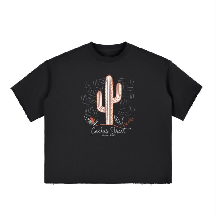 Wolf Print Boxy Half-Sleeve Raw-Edge T-Shirt - Black