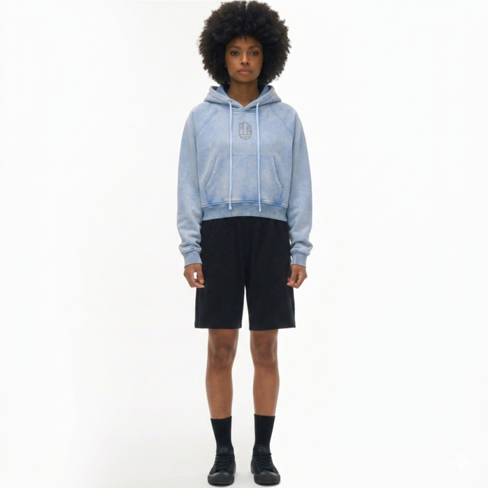 Snow Washed Cropped Hoodie - Light Blue