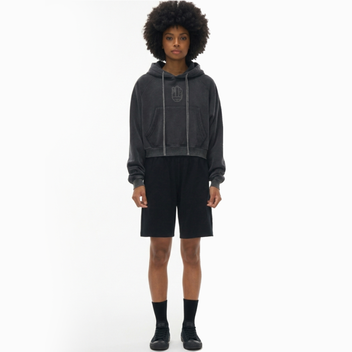 Snow Washed Cropped Hoodie - Charcoal Grey